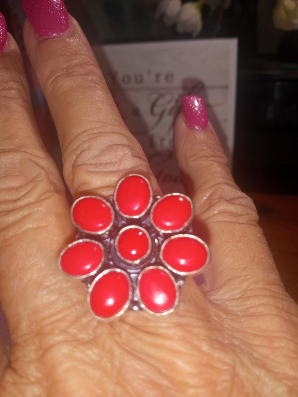 Red Flower Statement Ring - Women's tibetan
